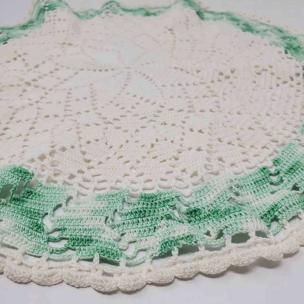Vintage Large round green and white croqueted dollie 19